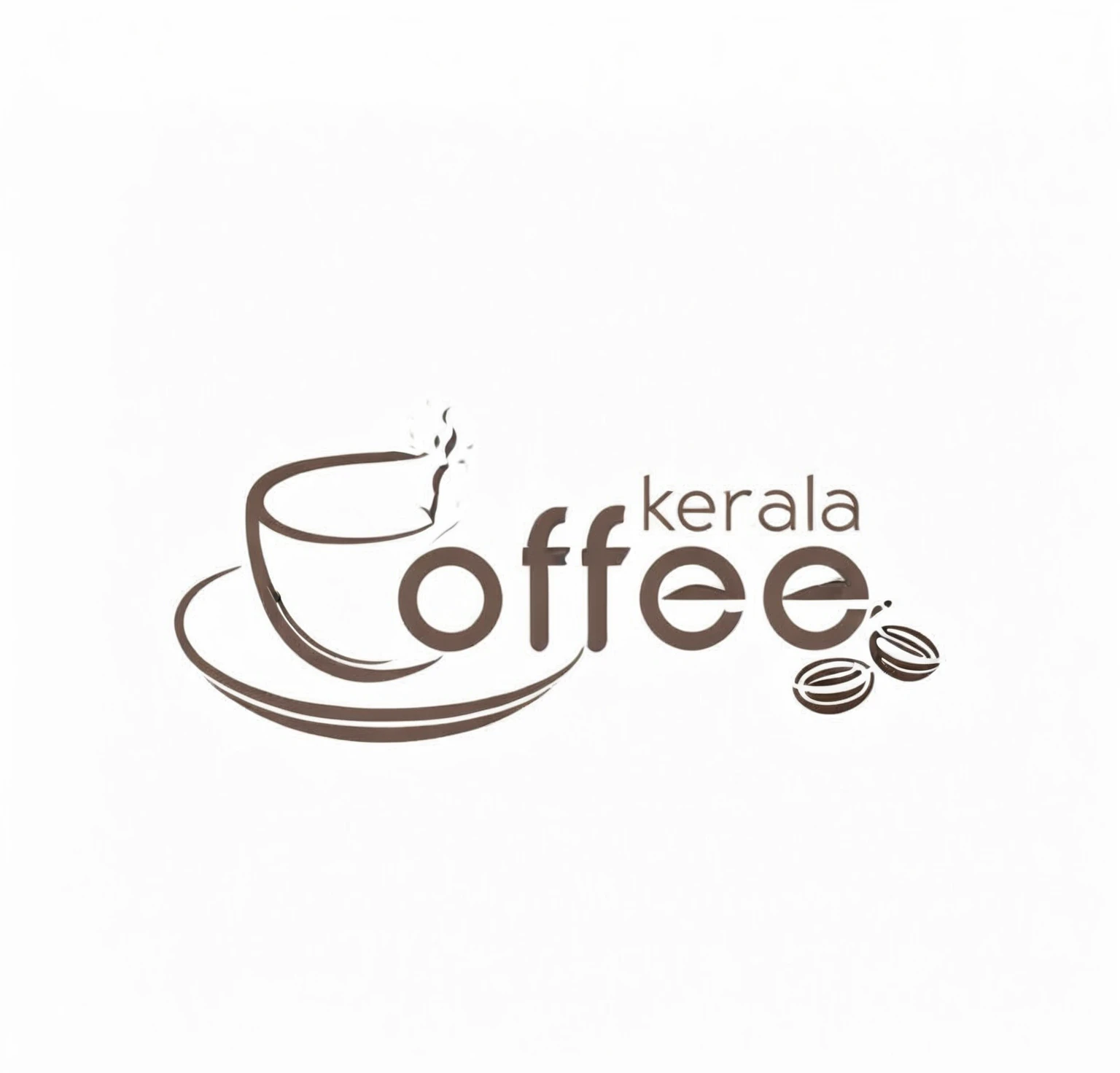 Create a minimalist logo featuring a stylized coffee cup with steam rising. Incorporate the word 'Kerala' in a modern, lowercase font placed above the letters 'o' and 'f' in 'coffee'. Include two coffee beans near the word 'coffee'. Use clean lines and a monochromatic color scheme to maintain simplicity and elegance. Ensure the overall design is cohesive and suitable for a premium coffee brand.