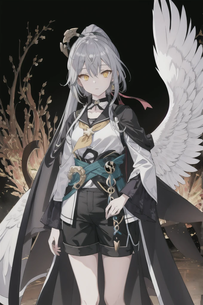 8K,high resolution,absurd,masterpiece,best quality,The original,Extremely detailed CG,Extremely detailed wallpaper,Perfect lighting,1 Girl,Vague_background,Watching_exist_Viewer,站exist舞台上,
(hutaodef:1.2),Black shorts,black hexist with hexist ，High Ponytail,Feathered Eyes,Yellow eyes,Gray hair,