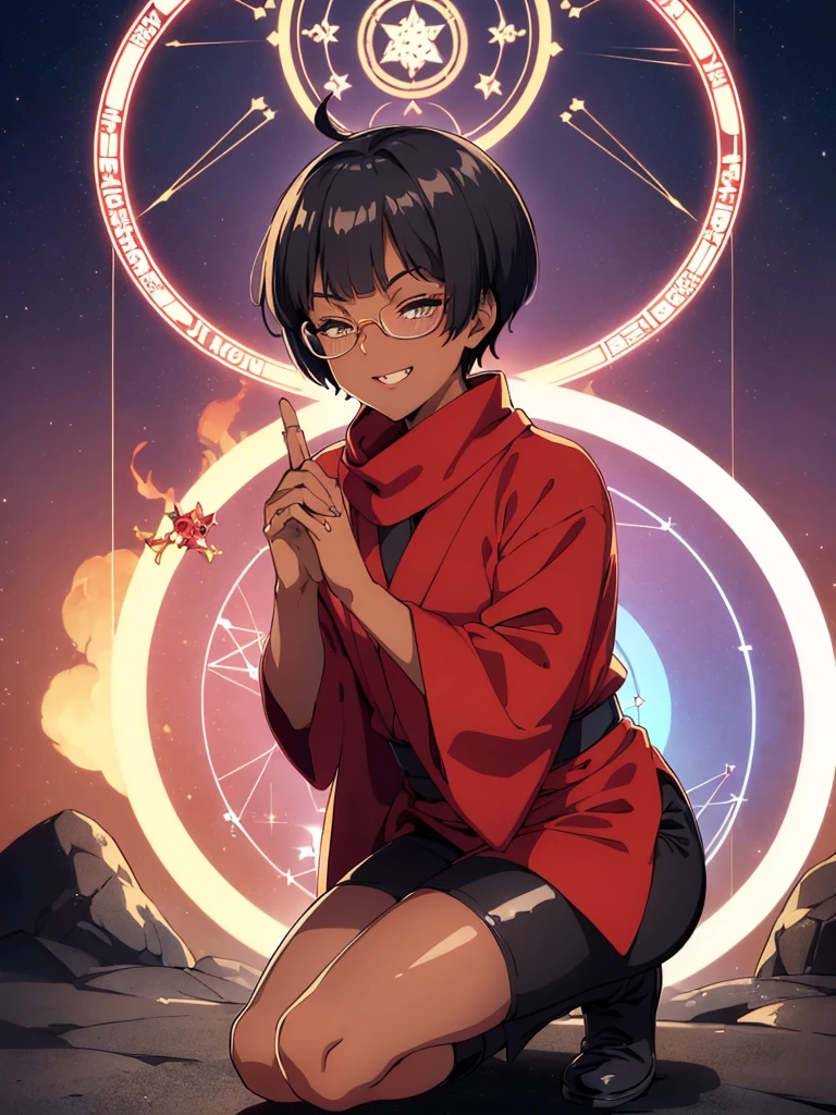 (flat chest:), (masterpiece:1.2), highest quality, High resolution, unity 8k wallpaper, (fine and beautiful eyes:1.6), highly detailed face, perfect lighting, Detailed CG, (perfect hands, perfect ???????), (1 boy solo:1.4), 20 years old, black hair, extremely beautiful detailfeminine face and eyes, (evil smile:1.4), detailed eyes, best quality,( dark skin:1.8), (turtleneck shirt under yukata:1.2), (bike shorts:1.2), extremely detailed, very precise detailed, (glasses:1.3), blunt bangs, open mouth, (very short pixie cut:1.2), boots,fingerless gloves, smile, (half closed eyes:1.5),(burning ground:1.3), ,(magic circle on head:1.3) ,night sky,long sidelocks,(long red Scarf),(yukata),(squatting), ears,(acrobat pose:1.3),(squat:1.3),leaning forward,(one knee dwon:1.5),(Put one foot in front:1.3),(stylish pose:1.4),(Raise only index finger:1.1),(Joining hands:1.5),(retro artstyle:1.2), (1990s \(style\)),