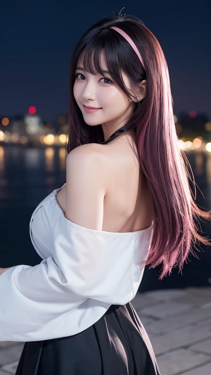((Back view)),((Look back here)),((Highest quality)),((最high resolution)),((high resolution)),((detailed)),((High definition)),((8K)),((Perfect body)),((Perfect Face)),((Realistic)),((Real)),((Realistic)),((Beauty)),Wharf、Outdoor、night、City、美しいnight景、Black Hair、((Only the tips of the hair are pink))、Straight Hair、Shoulder-length hair、Very dense makeup、Black ruffled off-shoulder top、((Slanted Eyes))、White Skirt、Hair blowing in the wind、(big breasts:1.1)、Mouth closed、smile、Exposed Skin、