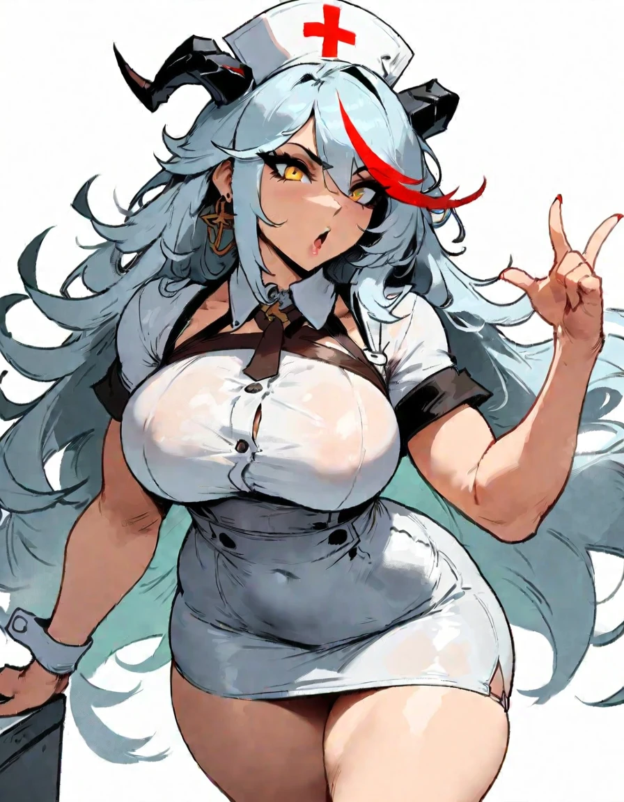 1girl, aegir \(azur lane\), azur lane \\\\\ masterpiece, best quality, very aesthetic, absurdres, newest \\\\\\ sportive body, \\\\\\ by nyantcha,,by cutesexyrobutts,by khyle ///// silvery white hair with a single prominent red streak, black horns, yellow eyes, , white background, (nurse outfit:1.2), skirt, standing, pencil skirt, nurse cap
