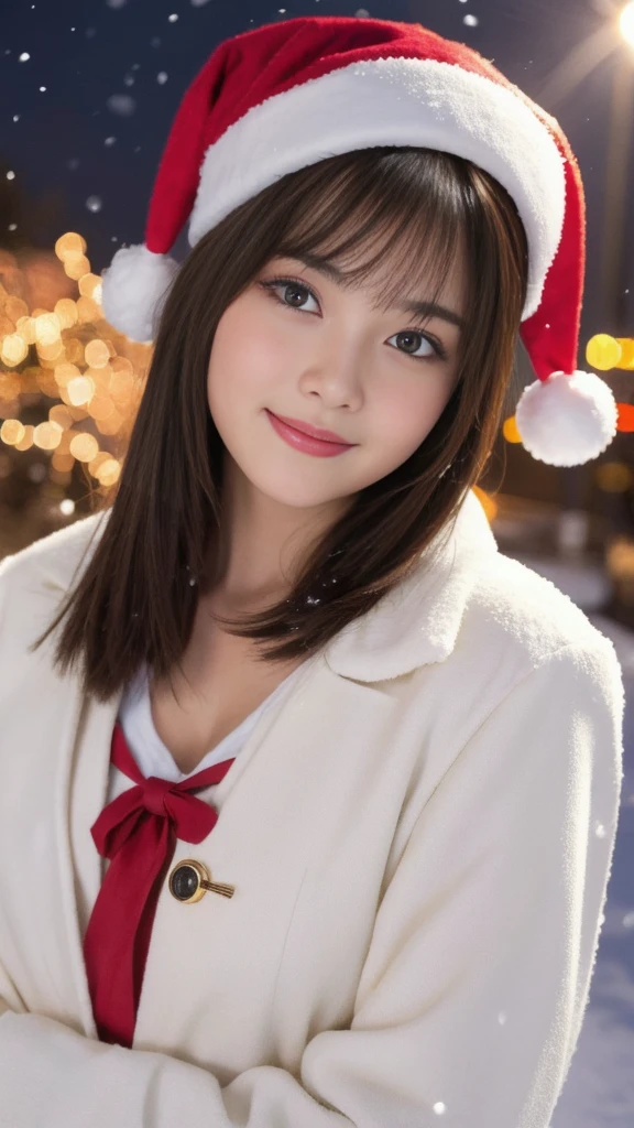 1girl, (santa claus costume slim fit:1.75), symmetry,(Cute ultra young girl:2.0),(ultra short hair:1.75), ultra big smile, (Beautiful large round droped detailed eyes:1.75), beautiful detailed lips, (extremely detailed beautiful face, natural makeup, Incredibly beautiful skin:2.0), (best quality,4k,8k,highres,masterpiece:2.0),(ultra-detailed,realistic,photorealistic,photo-realistic:1.75),professional,vivid colors,studio lighting,(snowing night town,christmas eve:1.25)