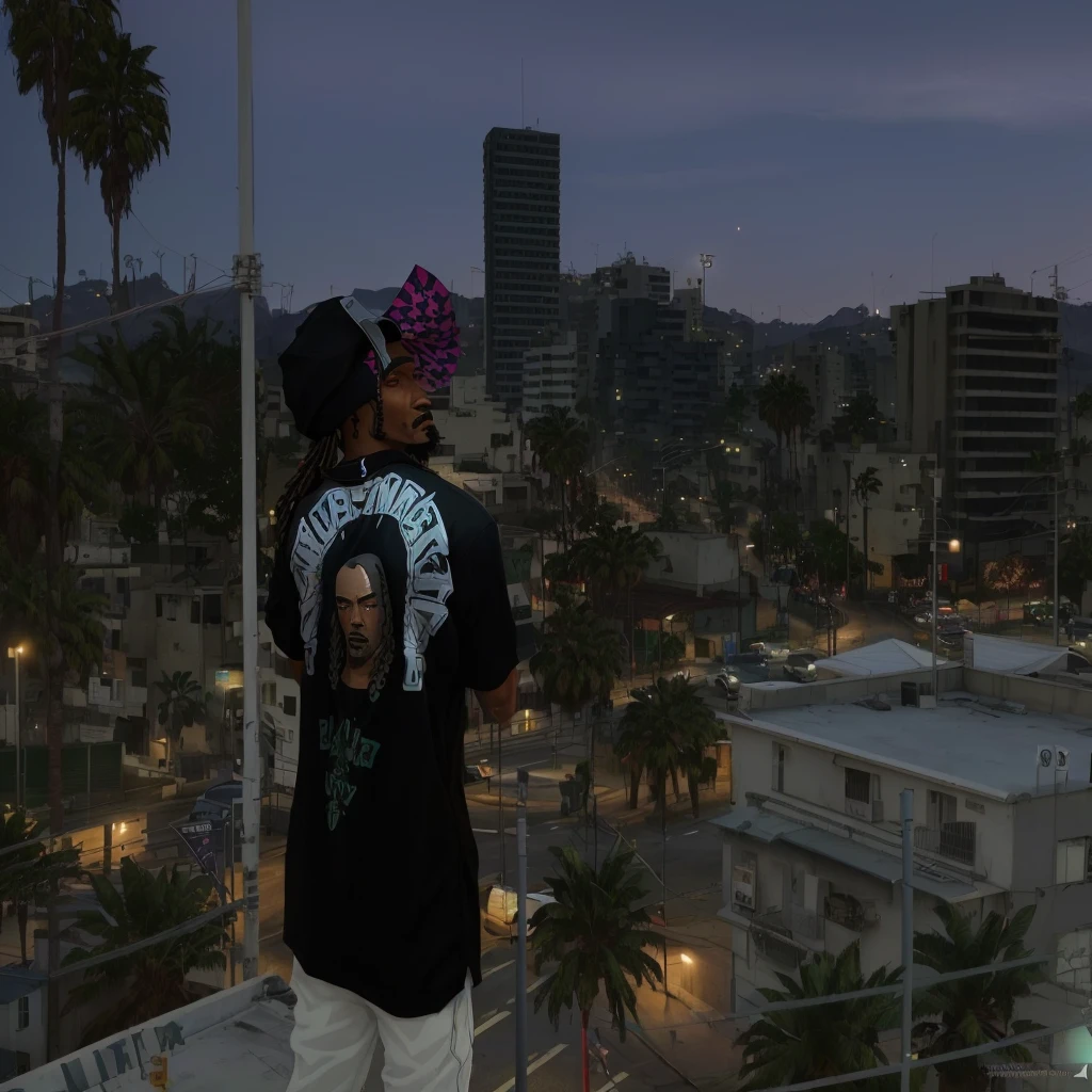 araffes em pé em uma varanda com vista para uma cidade à noite, gta v street style, Snoop Dogg no GTa V, inspired by L. a. ring, GTA5 style, ariana grande in gta v, naruto no gta v, with a city in the background, gta v game screenshot, como um personagem do GTaV, web capture do gta v, web capture do gta 5