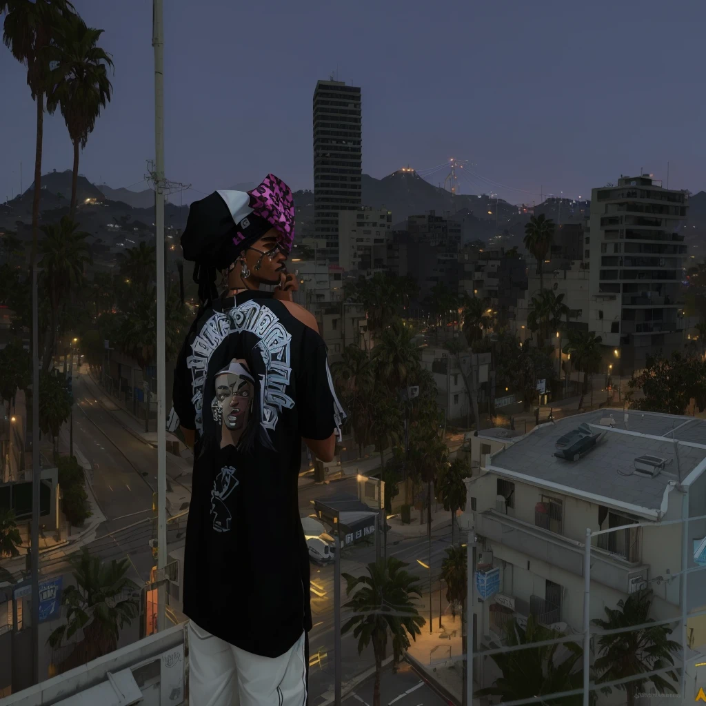 araffes em pé em uma varanda com vista para uma cidade à noite, gta v street style, Snoop Dogg no GTa V, inspired by L. a. ring, GTA5 style, ariana grande in gta v, naruto no gta v, with a city in the background, gta v game screenshot, como um personagem do GTaV, web capture do gta v, web capture do gta 5