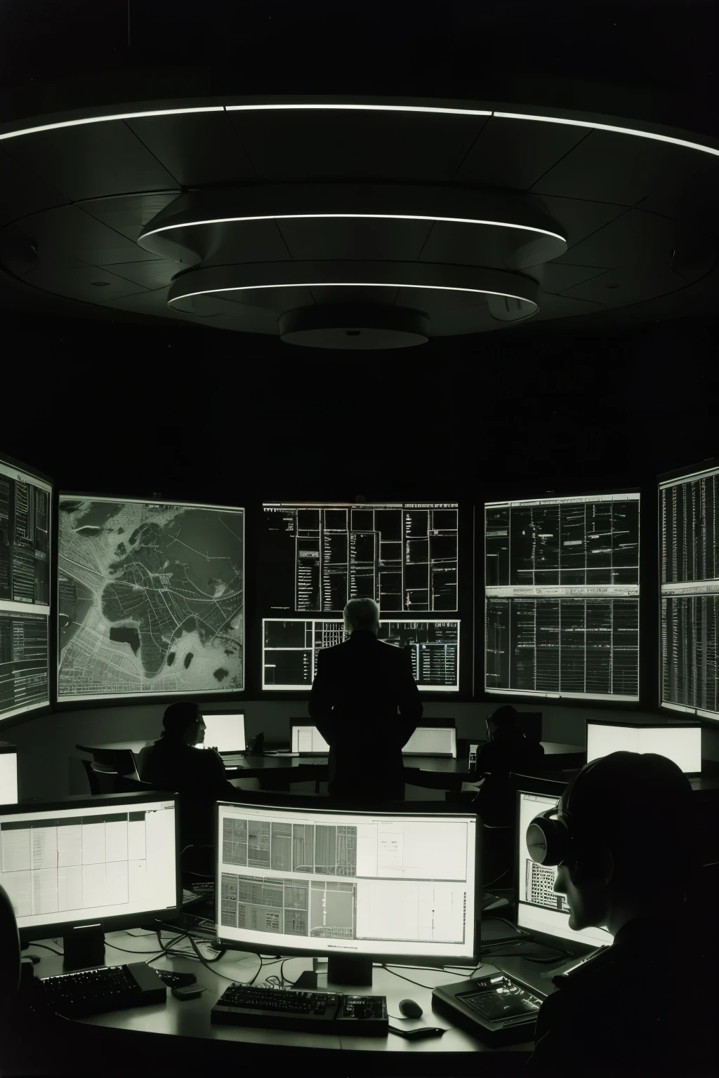 Historical archive image of the Soviet Union at night, with a control room full of monitoring equipment and maps. A figure of Stanislav Petrov looking intently at the monitors.. at 1080x1920 resolution. cinematic effect