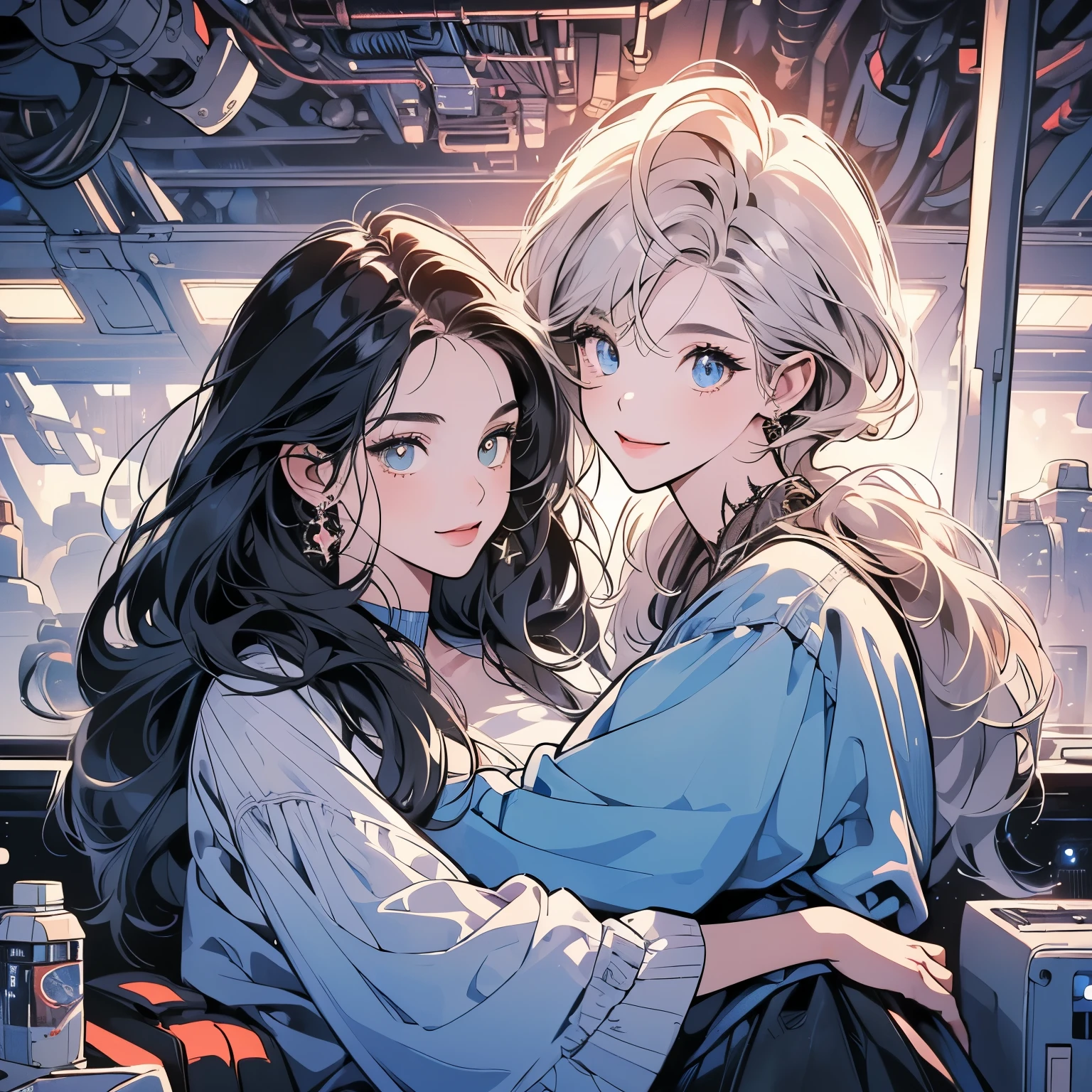  (((beautiful "Two women" leaning against each other))), inside a spaceship, perfect machine,  perfect face, zero gravity, outer space, lots of wires, switchboard, perfect and detailed machine, detailed hair, (((Various angles))), most beautiful woman alive, (((head shot))) , Super detailed background, top quality,Various unique hairstyles, Ghost in the Shell, sparkling eyes, Outer space in the background, Unique and perfect face, Pale Lighting,  (((Various eyes colors))), (((Snuggle up like a lover))), short hair,smile, Separate eye color, separate hair styles,glasses