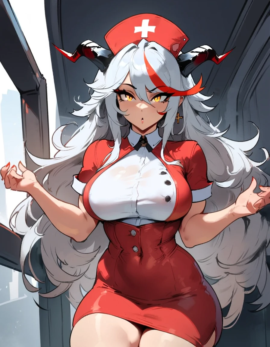 1girl, aegir \(azur lane\), azur lane \\\\\ masterpiece, best quality, very aesthetic, absurdres, newest \\\\\\ sportive body,  \\\\\\ by nyantcha,,by cutesexyrobutts,by khyle ///// silvery white hair with a single prominent red streak, black horns, yellow eyes,  , white background, (nurse outfit:1.2), skirt, standing, pencil skirt, nurse cap
