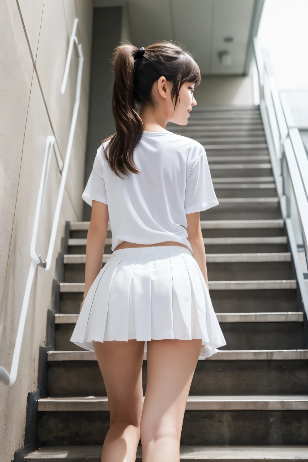 8k, real photo, two girls walking up emergency stairs in school, ((white:1.5)) thin plain t-shirt with white pleated skirt, ,bangs,a little smiles,thighs,knees,crotch,low ponytail,from below, low angle, exposing white panty, in a process of taking off shirt, back shot