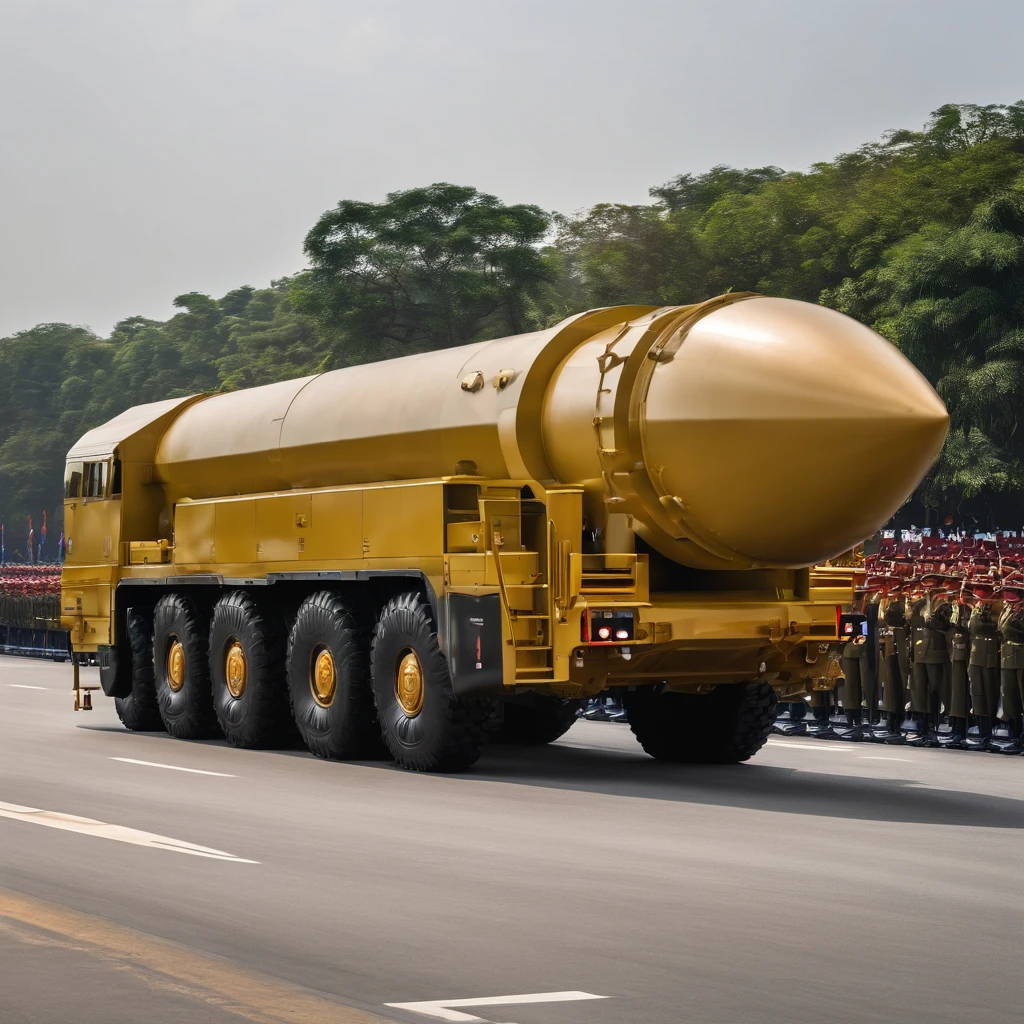 high quality professional photo of a medium-range ballistic missile(MRBM) of the Chinese CSS-2(DF-3) model displayed during the Thai Army military parade on January 18, 2019, extreme detail, 8k, hyperrealistic, cinematic lighting, dramatic composition, military vehicle, missile, military parade, Thailand, China, advanced technology, impressive display