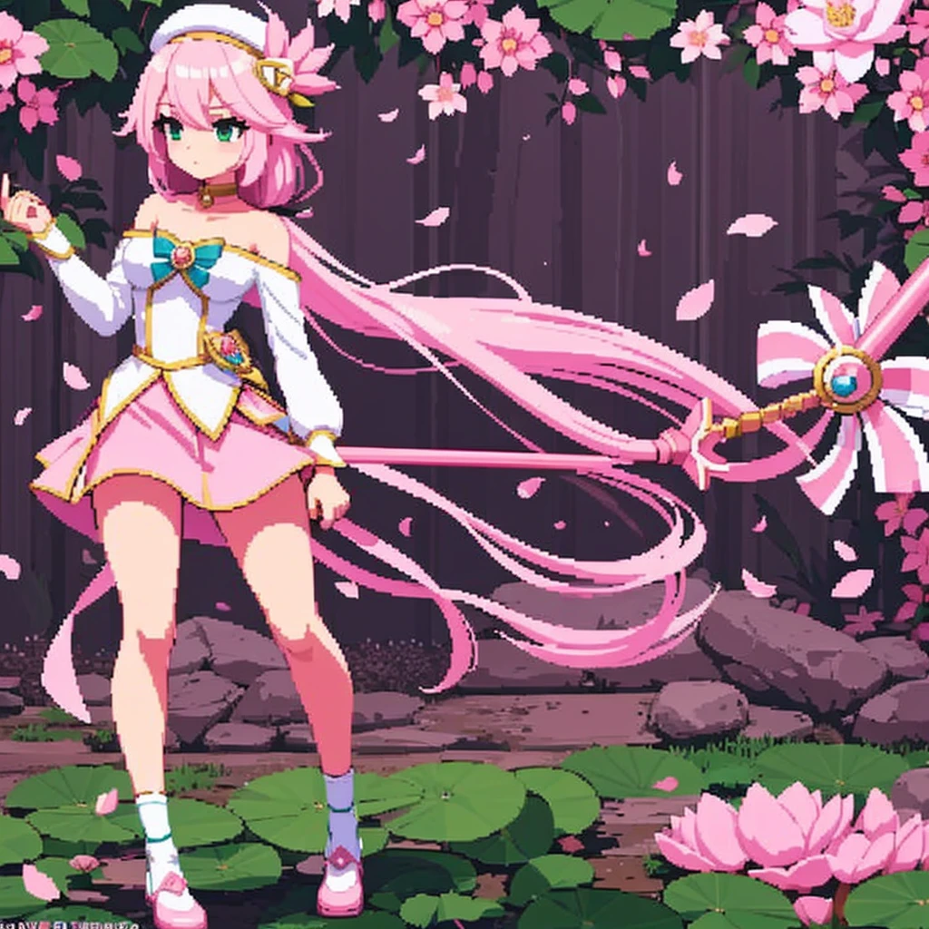 pixel art, full body, facing left (important), pink and white, holding a spear, magical girl, beret, long hair, loose, off-the-shoulder. Hair color: soft, pale pink hair. Eye color: green eyes. Outfit: white and pink based outfit. She wears a white short-sleeved off-the-shoulder top with a pink collar and buttons that reveal her collarbone, and a mini slit skirt shaped like a downward-pointing lotus petal. Accessories: She has a pink flower ornament in her right hair. Weapon in hand: a long spear with pink and white decorations.Young middle school student、Jump