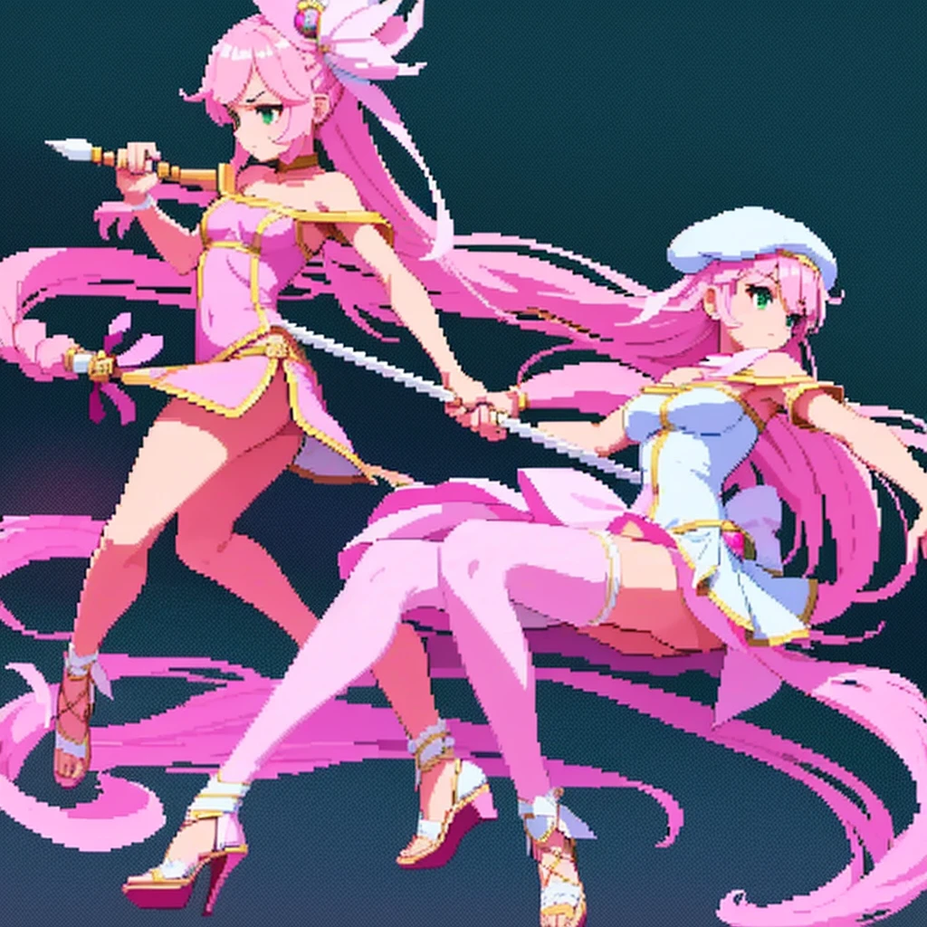 pixel art, full body, facing left (important), pink and white, holding a spear, magical girl, beret, long hair, loose, off-the-shoulder. Hair color: soft, pale pink hair. Eye color: green eyes. Outfit: white and pink based outfit. She wears a white short-sleeved off-the-shoulder top with a pink collar and buttons that reveal her collarbone, and a mini slit skirt shaped like a downward-pointing lotus petal. Accessories: She has a pink flower ornament in her right hair. Weapon in hand: a long spear with pink and white decorations.Young middle school student、Jump