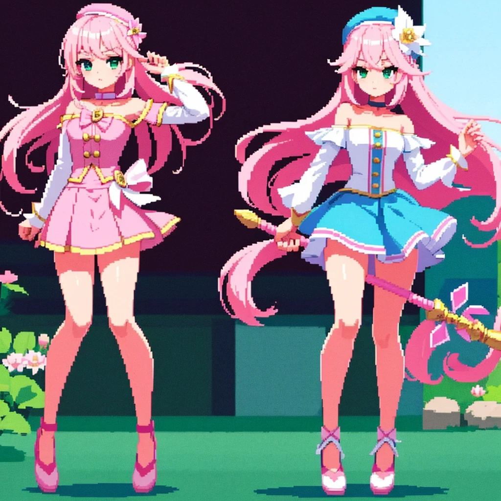 pixel art, full body, facing left (important), pink and white, holding a spear, magical girl, beret, long hair, loose, off-the-shoulder. Hair color: soft, pale pink hair. Eye color: green eyes. Outfit: white and pink based outfit. She wears a white short-sleeved off-the-shoulder top with a pink collar and buttons that reveal her collarbone, and a mini slit skirt shaped like a downward-pointing lotus petal. Accessories: She has a pink flower ornament in her right hair. Weapon in hand: a long spear with pink and white decorations.Young middle school student、Jump