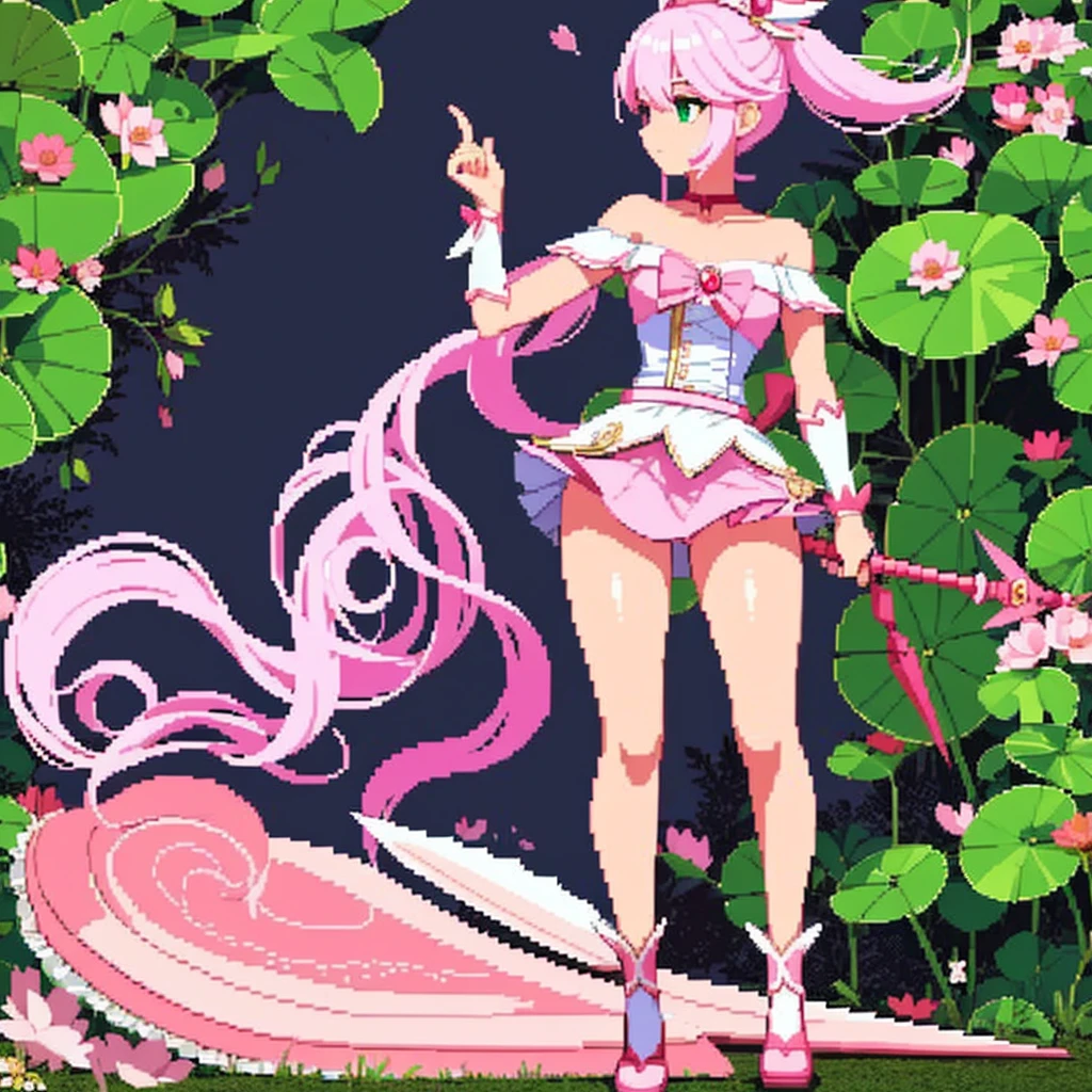 pixel art, full body, facing left (important), pink and white, holding a spear, magical girl, beret, long hair, loose, off-the-shoulder. Hair color: soft, pale pink hair. Eye color: green eyes. Outfit: white and pink based outfit. She wears a white short-sleeved off-the-shoulder top with a pink collar and buttons that reveal her collarbone, and a mini slit skirt shaped like a downward-pointing lotus petal. Accessories: She has a pink flower ornament in her right hair. Weapon in hand: a long spear with pink and white decorations.Young middle school student、Jump