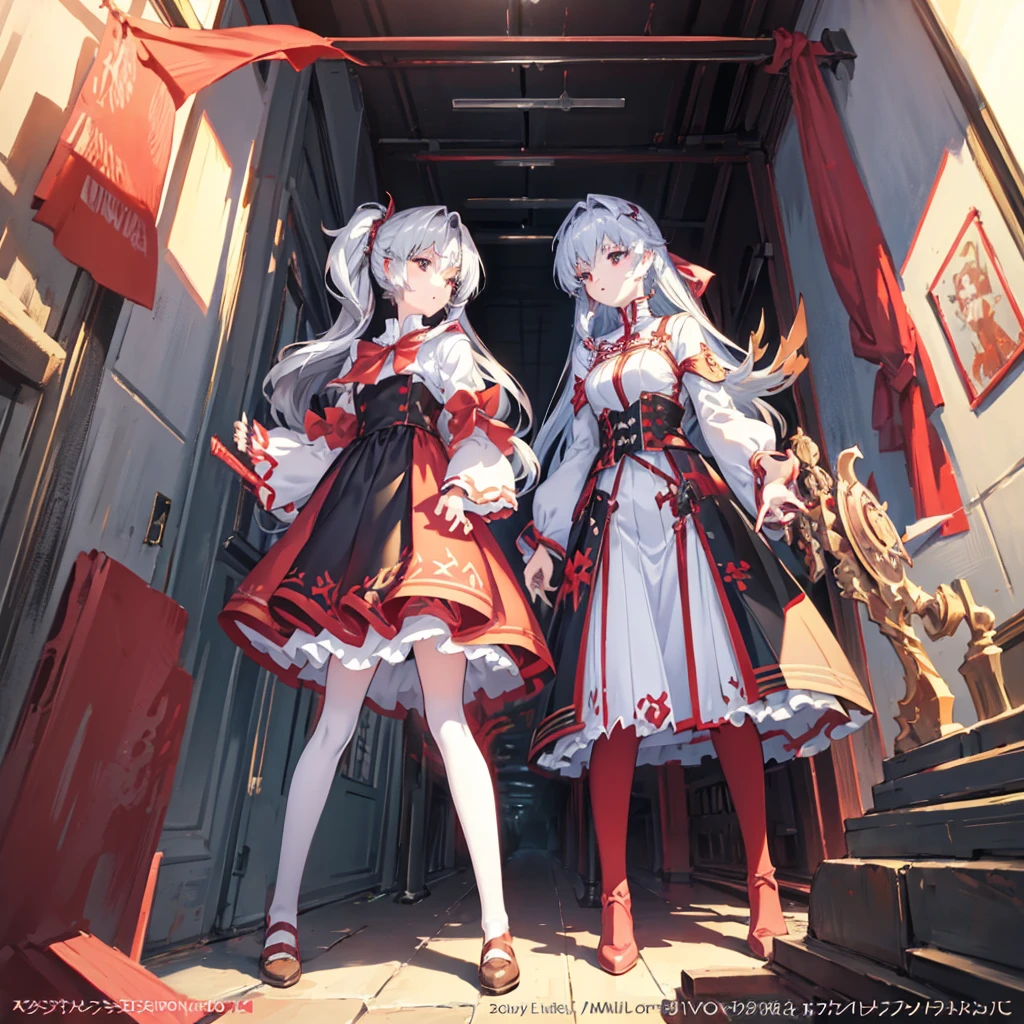 Wearing a red and white dress、anime girl holding sword, Highly detailed official artwork, Epic Light Novel Cover Art, epic Light novel cover art, Silver and red armor, guweiz on pixiv artstation, Anime style 4K, Detailed key animation art, Light novel cover art, Anime Fantasy Artwork,White hair and red eyes,Side Ponytail,Waist-length hair,1 Girl,Portraiture,Reading