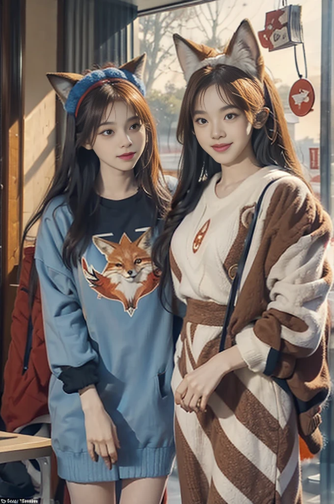 Person in the photo: This person has long hair and is wearing a pair of fake fox ears on his head. She wears a seemingly elaborate outfit with red and blue patterns, matching the fox's colors and theme.
Fox: The fox has characteristic orange fur, with a large head and ears. It also wears an outfit similar to that of the person holding it.
Backdrop: The background scene appears to be inside a room with natural light streaming in, creating a warm and welcoming space.
Both the human and the fox seem very cute and harmonious with each other in similar outfits, creating a feeling of closeness and harmony between the two subjects.