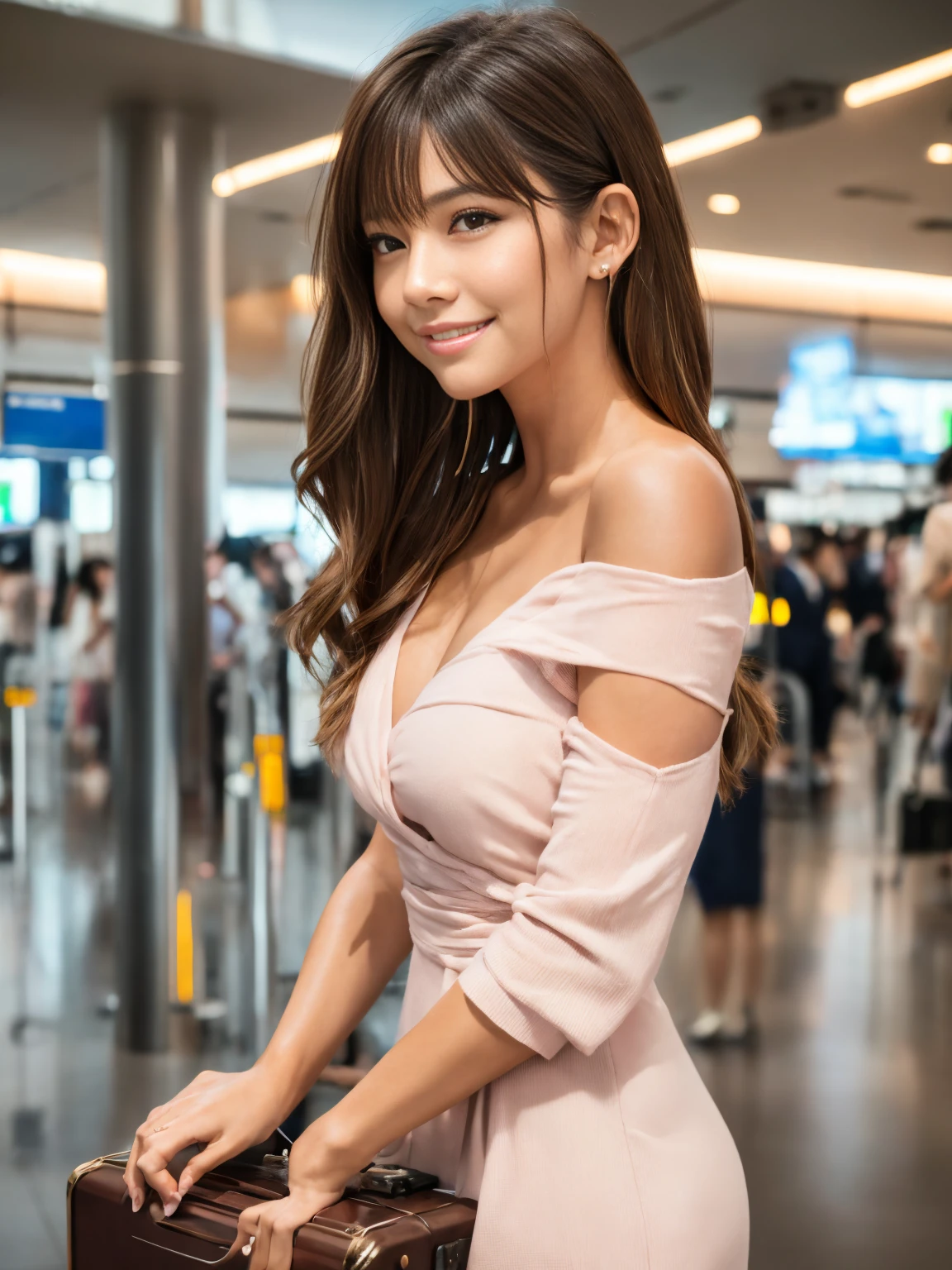 Product quality, One girl per photo, Cowboy Shot, Front view, Young and cute girl in Japan, Long Bob Hair, Wearing a wedding ring, She is wearing a short-sleeved light pink dress, Smiling and standing in a busy London airport, Shoulder bag, suitcase, Super cute face, Glossy Lips, Double eyelids on both eyes, Natural Makeup, shiny smooth light brown hair of Long Bob Hair, Asymmetrical bangs, Sunburned skin, Center image, 8K resolution, High detail, Detailed hairstyle, Detailed face, Cinema Lighting, Octane Rendering, Ultra-realistic, Perfect limbs, Perfect Anatomy