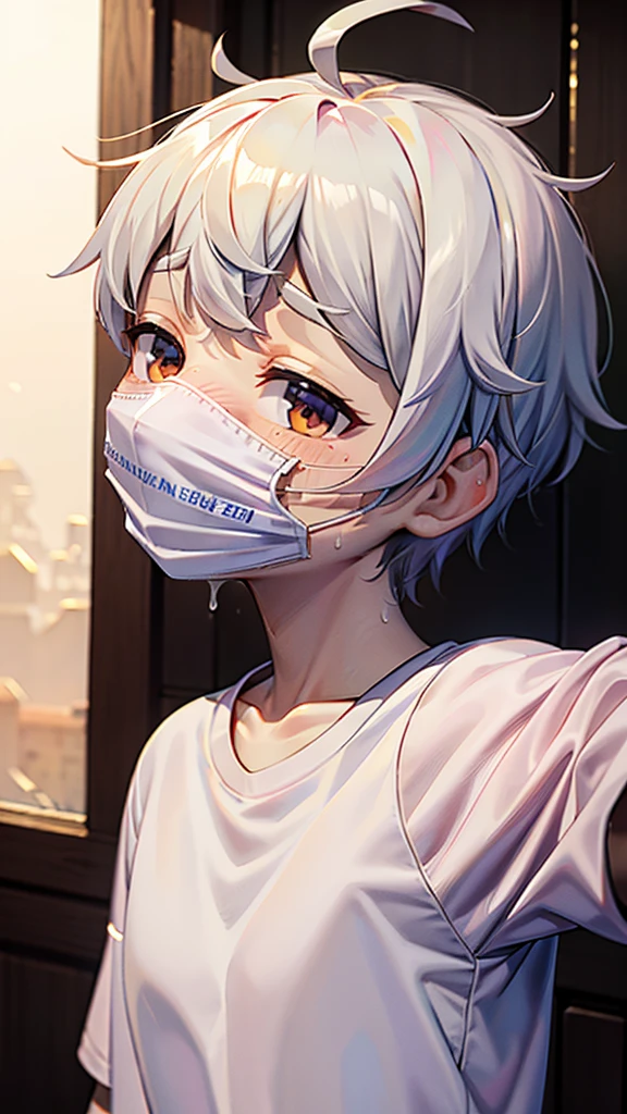 sweat on the face, pleasure. guy, dressed in a white T-shirt, guy, quality, portrait. full face, gagged
