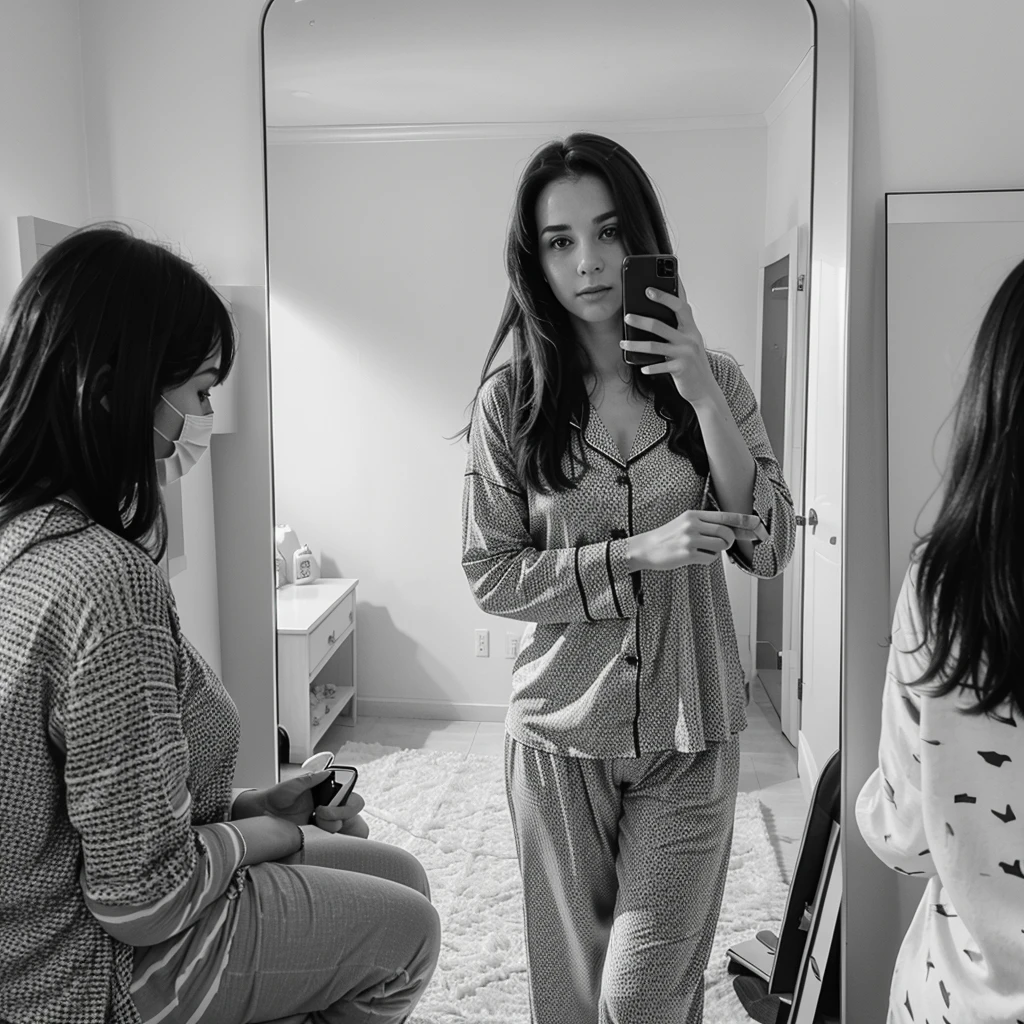 brunette girl photographing herself in front of the mirror. in pajamas and face covered by the cell phone. Black and White Photography.