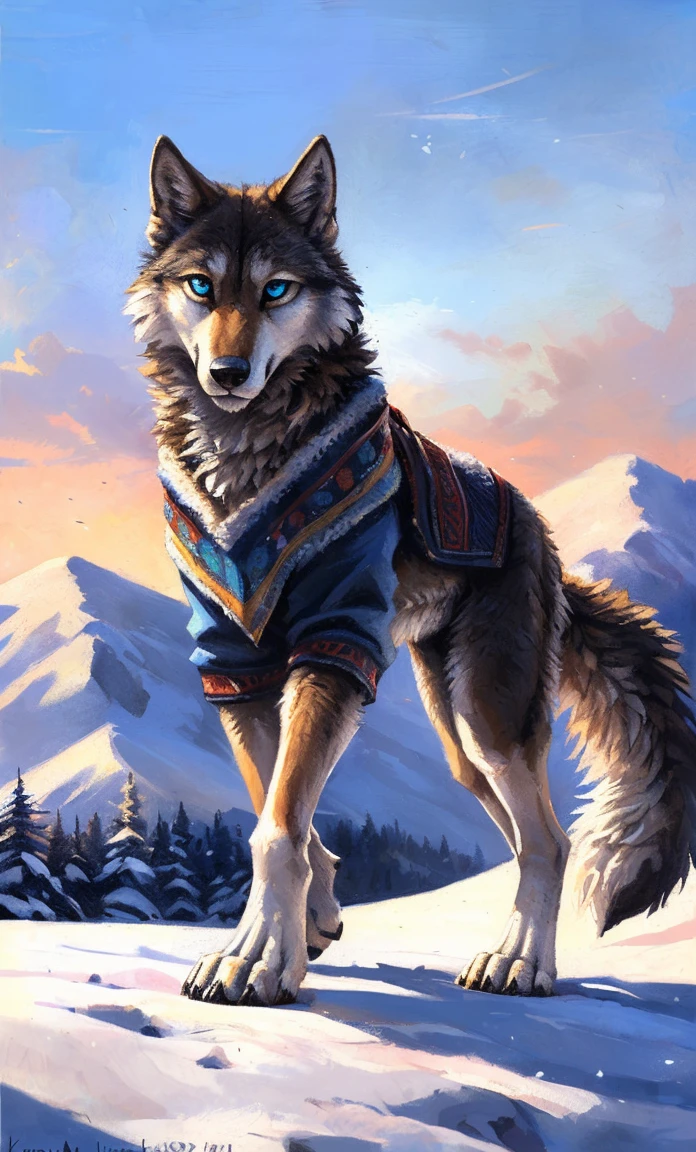 ((Solo)), male people, anthro wolf, (Multi-colored fur, White-brown:1.3,White tail pointed), (Height 2.1m,Tail length 1.2m), ((Wolf face, Big eyes, White eyelids, Blue pupil, Slim:1.2) (Tough, Calm expression:1.2)), Slim, pinging)), (Correct anatomy), (Winter clothing:1.1), The upper body naked, (detailed outfits),A long big tail,Feet,(Realistic fur, Detailed fur texture, labeled:1.3)), (Natural lighting), Photorealistic, Hyperrealistic, ultradetailed, by Kenket,Snowfield,erect through,Running on