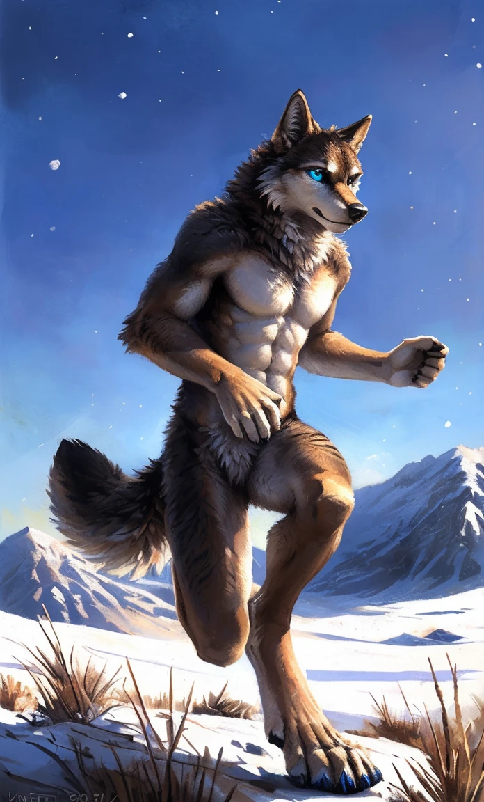 ((Solo)), male people, anthro wolf, (Multi-colored fur, White-brown:1.3,White tail pointed), (Height 2.1m,Tail length 1.5m), ((Wolf face, Big eyes, White eyelids, Blue pupil, Slim:1.2) (Tough, Calm expression:1.2)), Abs, Slim, pinging)), (Correct anatomy), Naked all over the body,A long big tail,Feet,(Realistic fur, Detailed fur texture, labeled:1.3)), (Natural lighting), Photorealistic, Hyperrealistic, ultradetailed, by Kenket,Snowfield,No artifacts, Running on