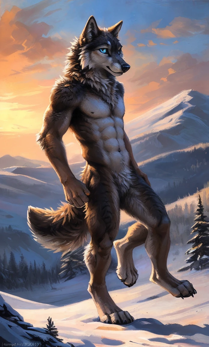 ((Solo)), male people, anthro wolf, (Multi-colored fur, White-brown:1.3,White tail pointed), (Height 2.1m,Tail length 1.5m), ((Wolf face, Big eyes, White eyelids, Blue pupil, Slim:1.2) (Tough, Calm expression:1.2)), Abs, Slim, pinging)), (Correct anatomy), Naked all over the body,A long big tail,Feet,(Realistic fur, Detailed fur texture, labeled:1.3)), (Natural lighting), Photorealistic, Hyperrealistic, ultradetailed, by Kenket,Snowfield,No artifacts, Running on