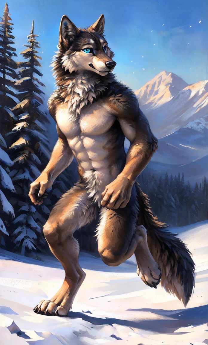 ((Solo)), male people, anthro wolf, (Multi-colored fur, White-brown:1.3,White tail pointed), (Height 2.1m,Tail length 1.5m), ((Wolf face, Big eyes, White eyelids, Blue pupil, Slim:1.2) (Tough, Calm expression:1.2)), Abs, Slim, pinging)), (Correct anatomy), Naked all over the body,A long big tail,Feet,(Realistic fur, Detailed fur texture, labeled:1.3)), (Natural lighting), Photorealistic, Hyperrealistic, ultradetailed, by Kenket,Snowfield,No artifacts, Running on