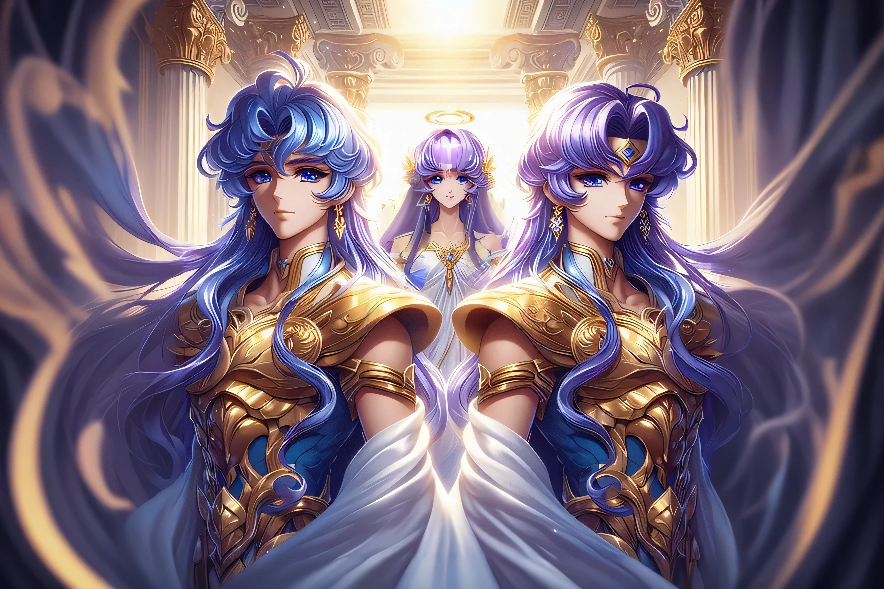 Bangs completely cover the forehead，long straight purple hair