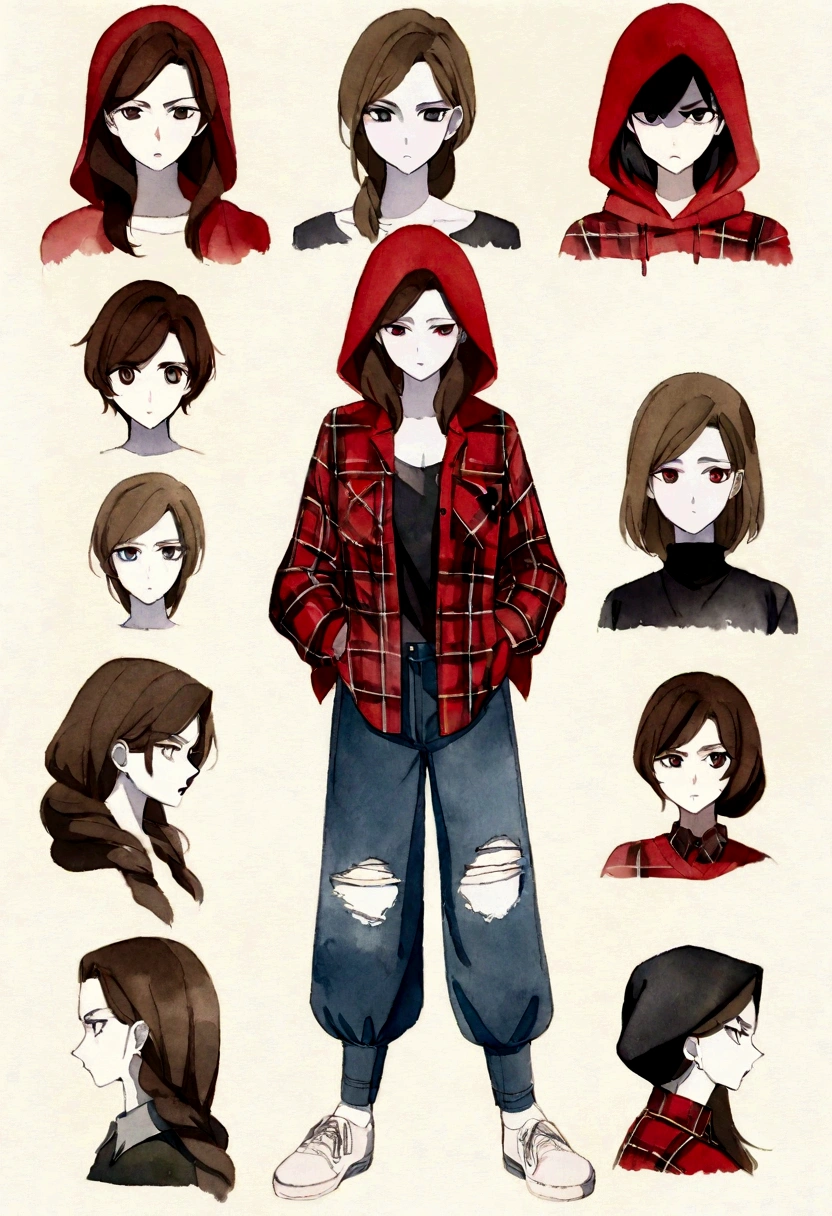 Watercolour anime storyboard. Neoclassical. Lebanese woman. Dark eyes, smokey eyes. brown hair, pale skin, small mouth. Ruby Red lipstick. Grunge. Red hood, blue and red check lumberjack shirt. Ripped grey jeans. White tennis shoes. Standing in the centre of the frame. Hands in pockets. Brooding expression. Attitude. 