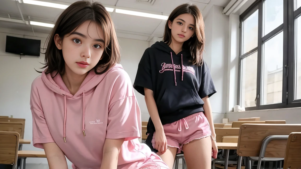 deux femmes ensemble de 18 ans sexy et mince , pink short sleeve hoodie , jambe visible , se touche,salle de classe,position sensuel