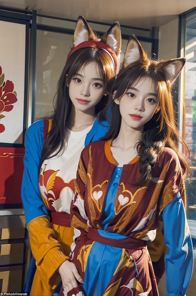 Person in the photo: This person has long hair and is wearing a pair of fake fox ears on his head. She wears a seemingly elaborate outfit with red and blue patterns, matching the fox's colors and theme.
Fox: The fox has characteristic orange fur, with a large head and ears. It also wears an outfit similar to that of the person holding it.
Backdrop: The background scene appears to be inside a room with natural light streaming in, creating a warm and welcoming space.
Both the human and the fox seem very cute and harmonious with each other in similar outfits, creating a feeling of closeness and harmony between the two subjects.