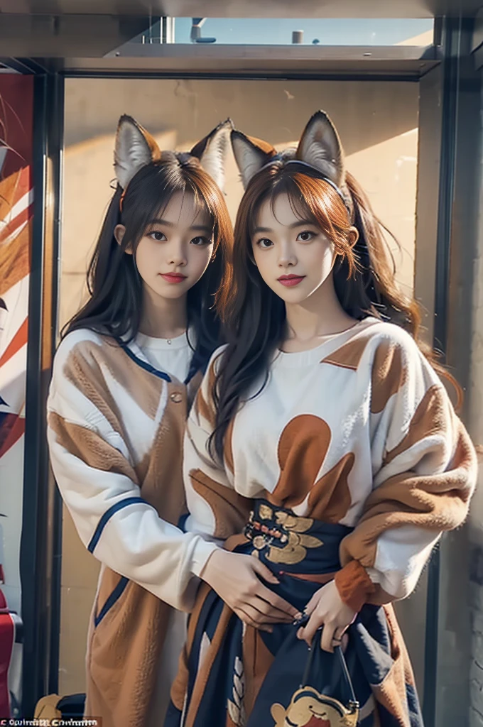 Person in the photo: This person has long hair and is wearing a pair of fake fox ears on his head. She wears a seemingly elaborate outfit with red and blue patterns, matching the fox's colors and theme.
Fox: The fox has characteristic orange fur, with a large head and ears. It also wears an outfit similar to that of the person holding it.
Backdrop: The background scene appears to be inside a room with natural light streaming in, creating a warm and welcoming space.
Both the human and the fox seem very cute and harmonious with each other in similar outfits, creating a feeling of closeness and harmony between the two subjects.