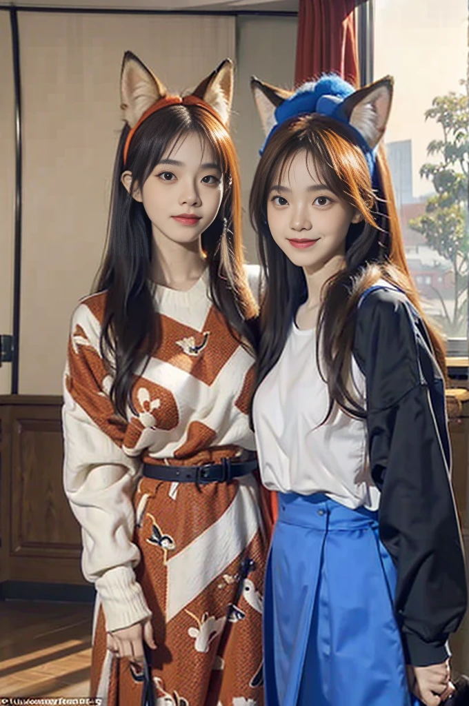 Person in the photo: This person has long hair and is wearing a pair of fake fox ears on his head. She wears a seemingly elaborate outfit with red and blue patterns, matching the fox's colors and theme.
Fox: The fox has characteristic orange fur, with a large head and ears. It also wears an outfit similar to that of the person holding it.
Backdrop: The background scene appears to be inside a room with natural light streaming in, creating a warm and welcoming space.
Both the human and the fox seem very cute and harmonious with each other in similar outfits, creating a feeling of closeness and harmony between the two subjects.