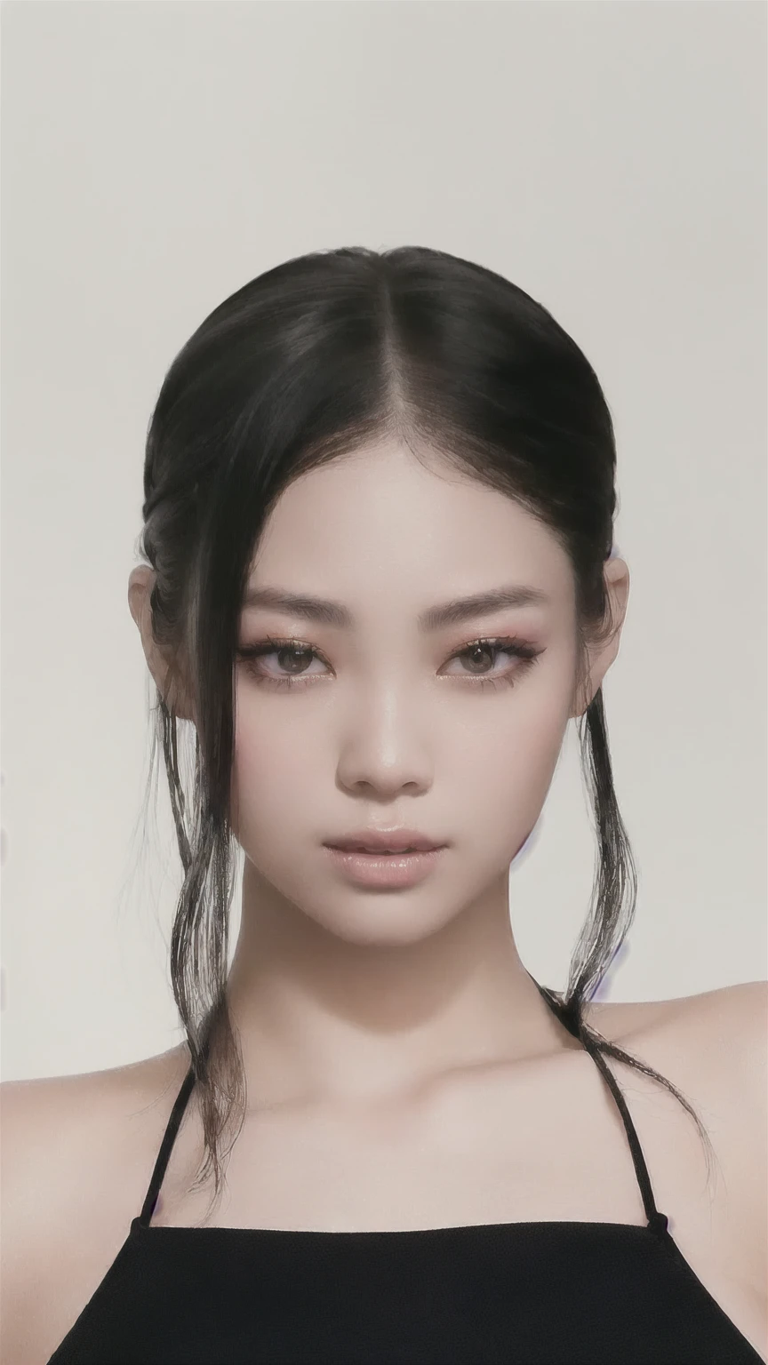 a close up of a woman with a black top and a black top, blackpink jennie, yanjun chengt, heonhwa choe, korean symmetrical face, kwak ji young, korean face features, lee ji - eun, lee ji-eun, jaeyeon nam, asian face, asian features, jingna zhang, jiyun chae, taejune kim