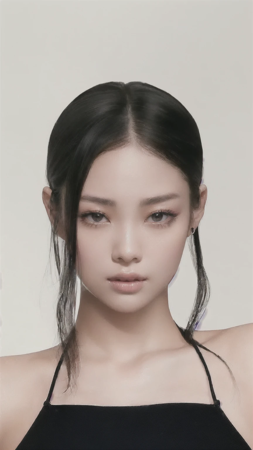 a close up of a woman with a black top and a black top, blackpink jennie, yanjun chengt, heonhwa choe, korean symmetrical face, kwak ji young, korean face features, lee ji - eun, lee ji-eun, jaeyeon nam, asian face, asian features, jingna zhang, jiyun chae, taejune kim