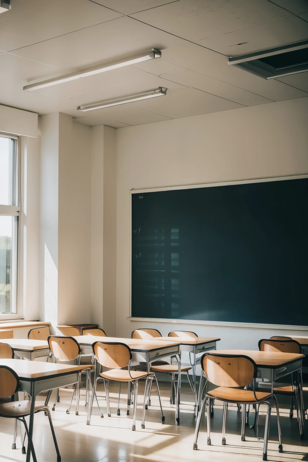 An empty classroom with desks arranged in rows, a clean chalkboard in front and sunlight streaming in through the windows, silently illuminating the environment. landscape format