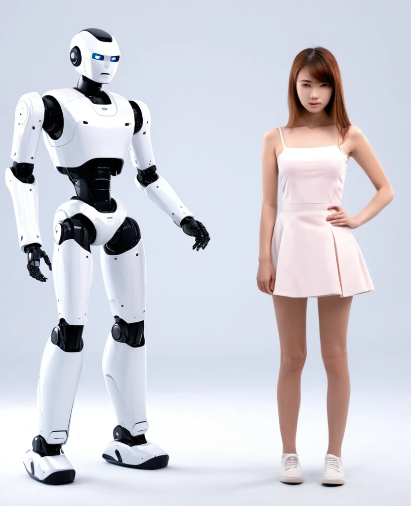 Ai robot vs human hot and cute girl ai is angry and human is sad both standing infront of each other and human with full human body 