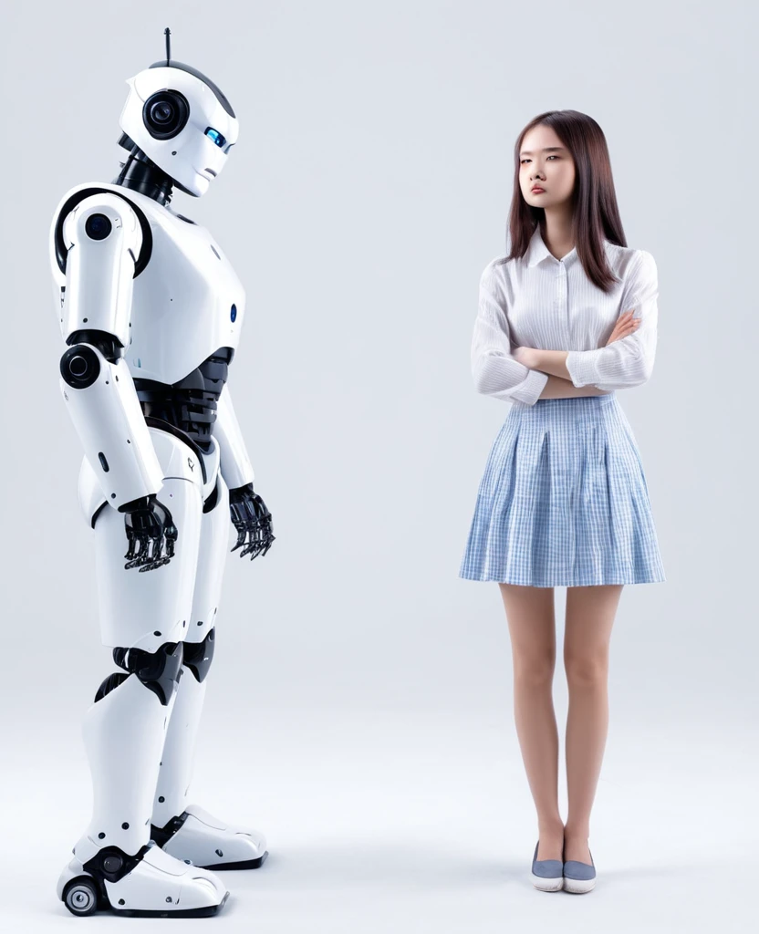 Ai robot vs human hot and cute girl ai is angry and human is sad both standing infront of each other and human with full human body 