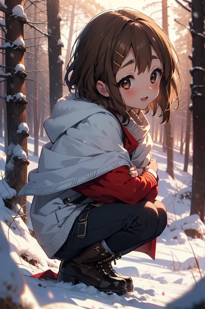 yuihirasawa, Yui Hirasawa, short hair, Brown Hair, hair ornaments, (Brown eyes:1.5), Hair Clip、smile,smile,blush,White Breath,
Open your mouth,snow,Ground bonfire,, Outdoor, boots, snowing, From the side, wood, suitcase, Cape, Blurred, , forest, White handbag, nature,  Squat, Mouth closed, Cape, winter, Written boundary depth, Black shoes, red Cape break looking at viewer, Upper Body, whole body, break Outdoor, forest, nature, break (masterpiece:1.2), Highest quality, High resolution, unity 8k wallpaper, (shape:0.8), (Beautiful and beautiful eyes:1.6), Highly detailed face, Perfect lighting, Highly detailed CG, (Perfect hands, Perfect Anatomy),
