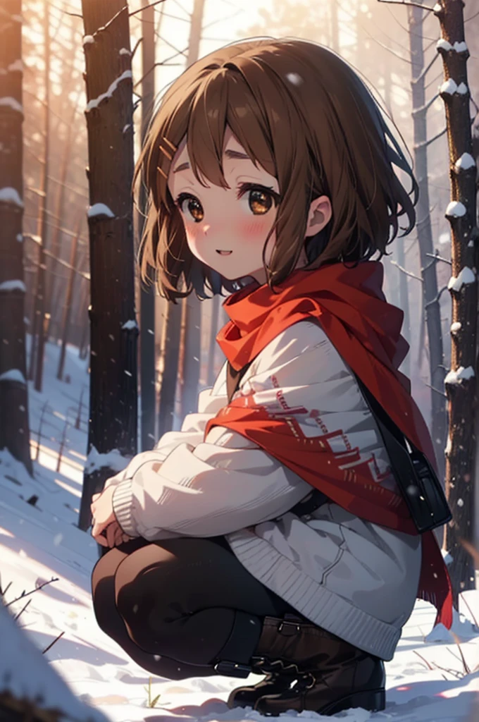 yuihirasawa, Yui Hirasawa, short hair, Brown Hair, hair ornaments, (Brown eyes:1.5), Hair Clip、smile,smile,blush,White Breath,
Open your mouth,snow,Ground bonfire,, Outdoor, boots, snowing, From the side, wood, suitcase, Cape, Blurred, , forest, White handbag, nature, Squat, Mouth closed, Cape, winter, Written boundary depth, Black shoes, red Cape break looking at viewer, Upper Body, whole body, break Outdoor, forest, nature, break (masterpiece:1.2), Highest quality, High resolution, unity 8k wallpaper, (shape:0.8), (Beautiful and beautiful eyes:1.6), Highly detailed face, Perfect lighting, Highly detailed CG, (Perfect hands, Perfect Anatomy),