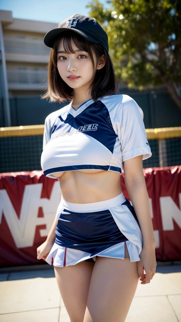 masterpiece, best quality, illustration, Super detailed, fine details, High resolution, 8K,wall paper, perfect dynamic composition,(Details High quality, realistic depiction of eyes:1.3), hotel room, (cheer girl:1.5),(a miniskirt, baseball cap), to stand、large breasts,short bob hair, black hair color, Big Natural Color Lip, bold sexy pose, crying a little、Harajuku style、20 year old girl、cute type、ta、beautiful legs, hposing Gravure Idol