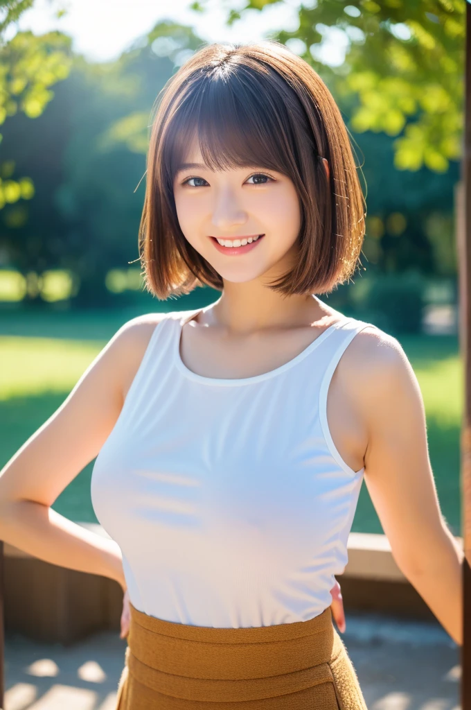 top-quality、ultra-detailliert、masterpiece、realisitic、Photo Real、one girls、( girl、small head)、(kawaii:1.2)、huge smile、(Brown hair、Short bob hair)、eyes are brown、perfect glossy skin、((A slender))、((Perfect body))、model poses、accurate depiction、in 、white shirt、Blue skirt、Red tie、large full breasts、Bright lighting、Sunnyday、a park、Blur the background