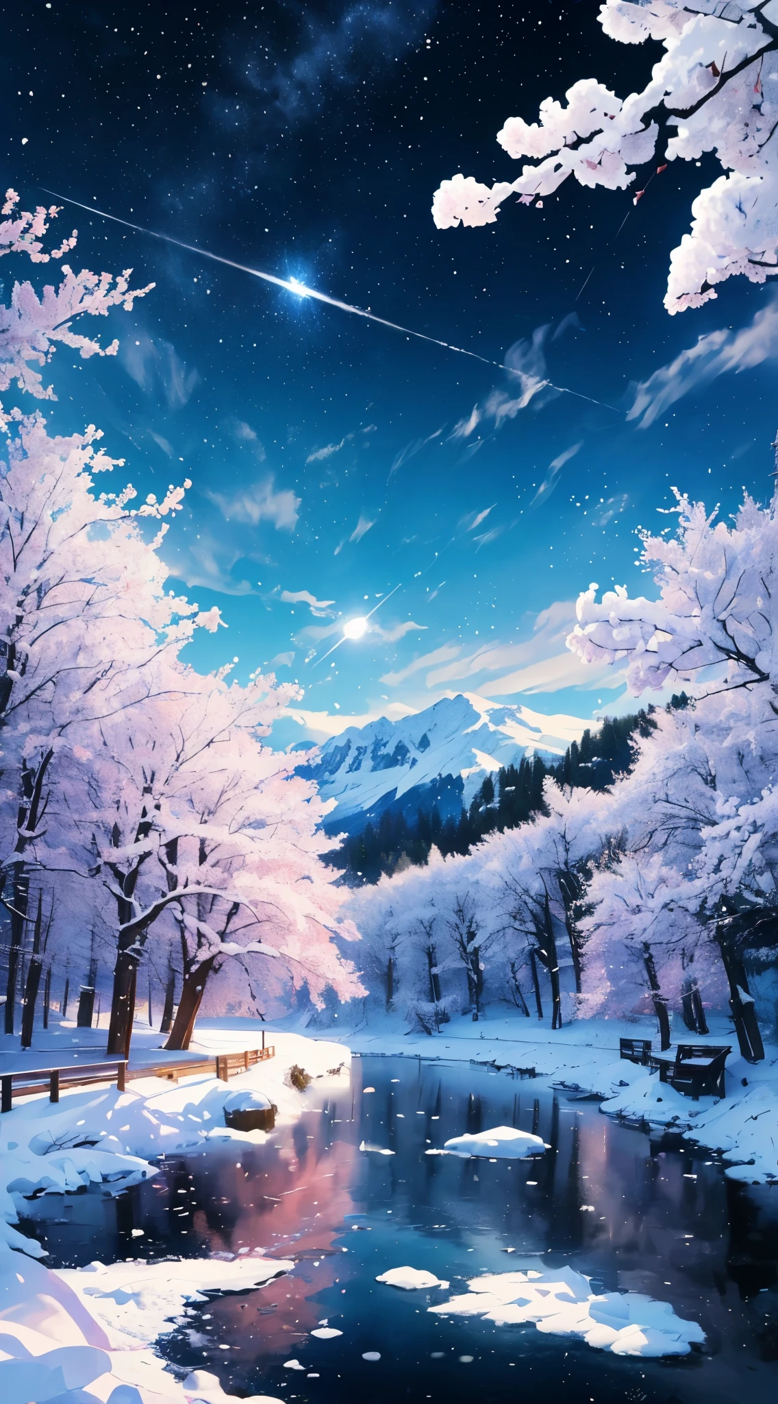 ((logo、masterpiece、8K、On the table、RAW photos、wonderful、最high quality、Photorealistic and very detailed CG 8k wallpaper、high quality、Very detailed、Narrative Poems、Particle Effects、dynamic effect、Character border depth、light、lens flare、Ray Tracing、On the table、real:1.4、Ultra-high resolution:1.2、real、real))、fantasy、night、wind、dark、Snow and Frost、Cold winter days、Snow Mountainや森、Frost、Snow Mountain々、The Beauty and Splendor of the Frost Tree、Quiet and beautiful grassland in the world of ice and snow、Vast land、Lakeside、Wonderful views、Beautiful natural wind scenery、Night Sky、wind、Cherry blossoms、Cherry blossoms花びら舞っている、cherry blossoms snowstorm、Falling Flowers