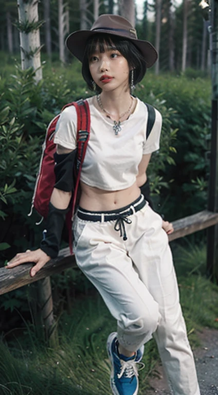 Carrying a large yellow waterproof hiking backpack, with a Polaroid camera in the left hand and a hiking pole in the right hand. Wearing a white hiking hat, a white tight-fitting T-shirt tied in a knot at the hem to reveal a toned midriff with defined abs, and white tight-fitting pants paired with white NIKE AIR FORCE athletic shoes. Adorned with a necklace, earrings, bracelets, and various bohemian (hippie) style hiking accessories, including a small waist bag and a water bottle. A happy full-body photo while hiking, with a background of a deep mountain wilderness trail!
