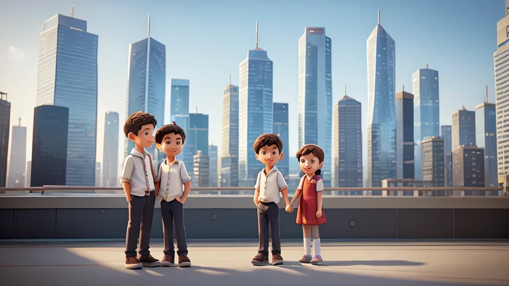 a young boy and girl in a modern city, 1boy, 1girl, standing together, happy, smiling, looking at camera, cityscape, skyscrapers, modern architecture, glass buildings, sunlight, warm lighting, realistic, photorealistic, photo-realistic:1.37, 8k, highly detailed, masterpiece:1.2, cinematic, dramatic, atmospheric