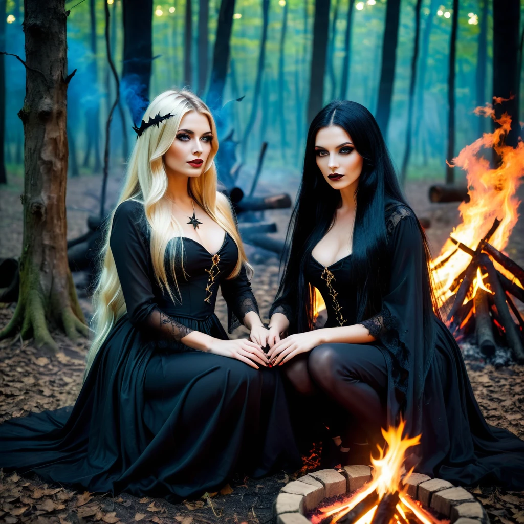 two woman - first gothic woman with long black hair, second blonde long hair, they are sexy witch do ritual in forest around fire in night, play witch color and magic atmosphere