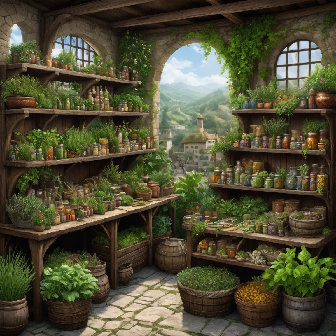 (best quality)), ((masterpiece)), ((realistic,digital art)), (super detailed), (large medicinal plant stall), (medieval fantasy style)