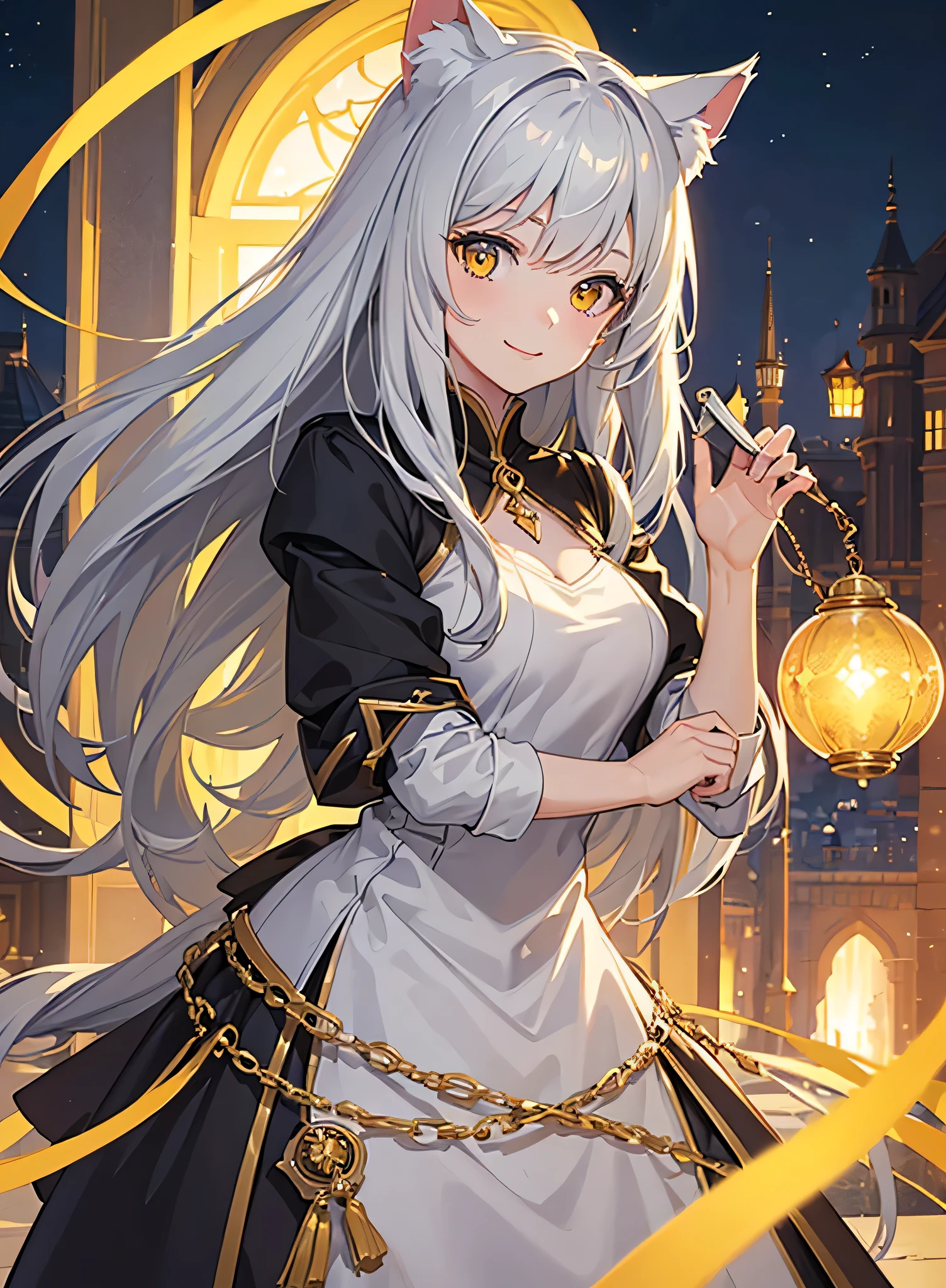 ((masterpiece)), ((best quality)), (close-up:1), (half-body shot:1.36), perfect anatomy, 1girl, solo, cat girl, gay hair, yellow eyes, gray cat ears, gray fluffy cat tail, basic medieval attire, smiling, lighting from front, looking at viewers