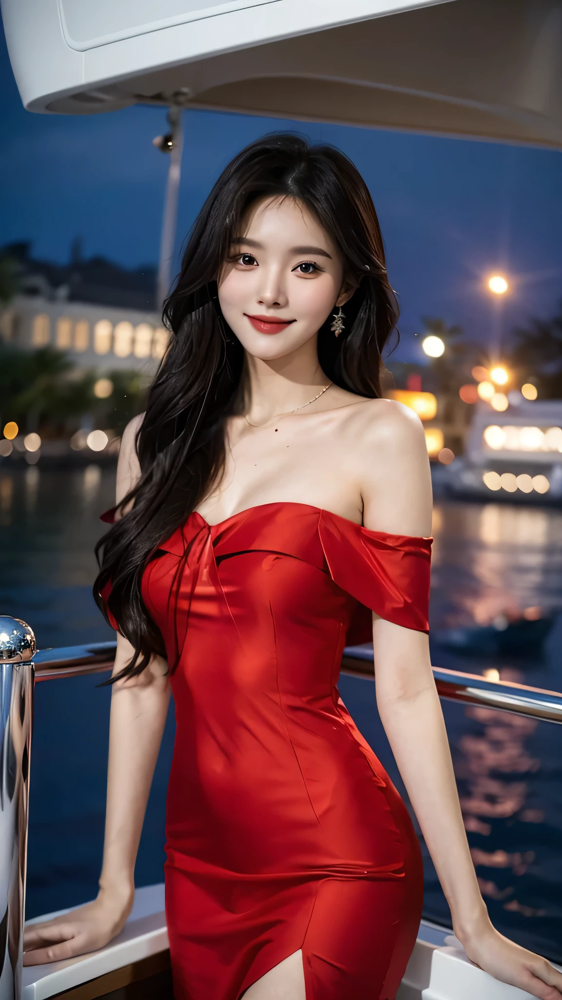 A sweet girl by the yatch，voluminous hair，Delicate face，Photorealsitic，of a real，largeaperture，wears a red dress，A cropped dress，Off-the-shoulder，A dress around the neck，Slim，smiles，Ultra-high resolution, Blurred background