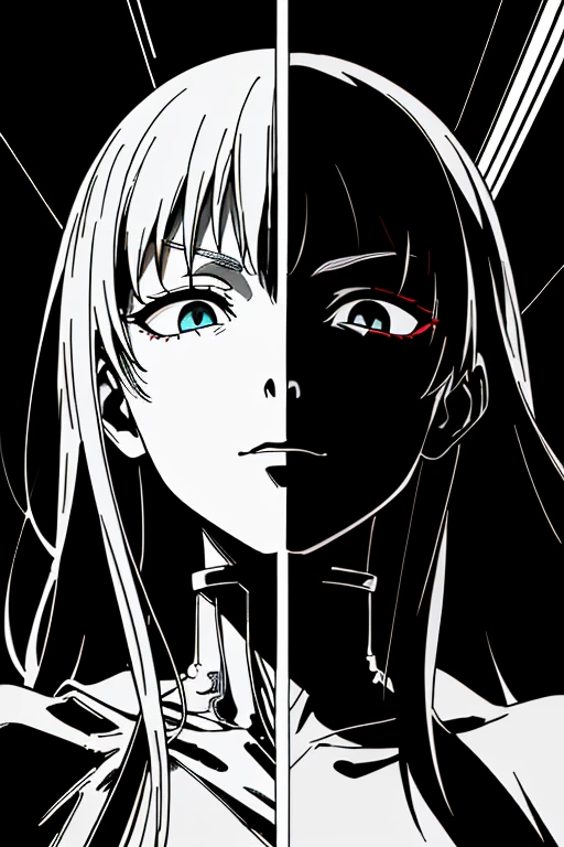 v5lcn style、(Comics-000009:0.9)、(extremely high contrast:1.2)、(Ink Art_Dark ink:1)、One Girl,Adorable,Highly detailed eyes,Highly detailed face,Very fine hair,8K,(((Left and right split theme:1.2))),Divided by a thin center line,One Face