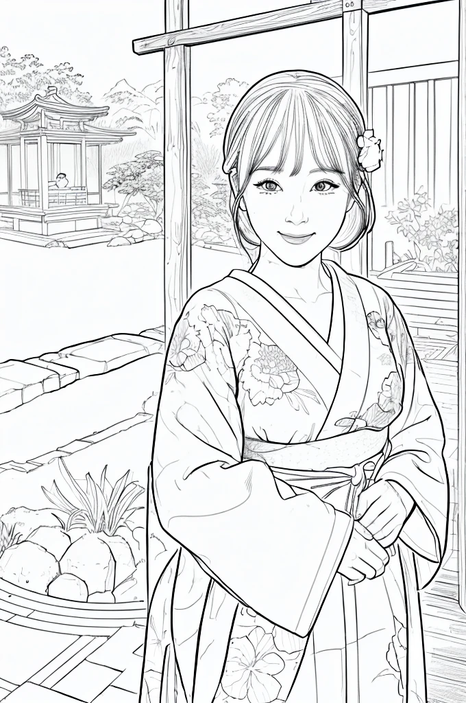 Please create a realistic ukiyo-e illustration of a cute, smiling woman in a kimono that conveys Japanese culture in various poses with (a Japanese garden in the background:1.5), using a simple black and white coloring book that even children can do. The illustration is a illustration with detailed facial features and cartoon-style visuals, (high contrast, sketch, monochrome, clean line drawings for coloring book:1.5)